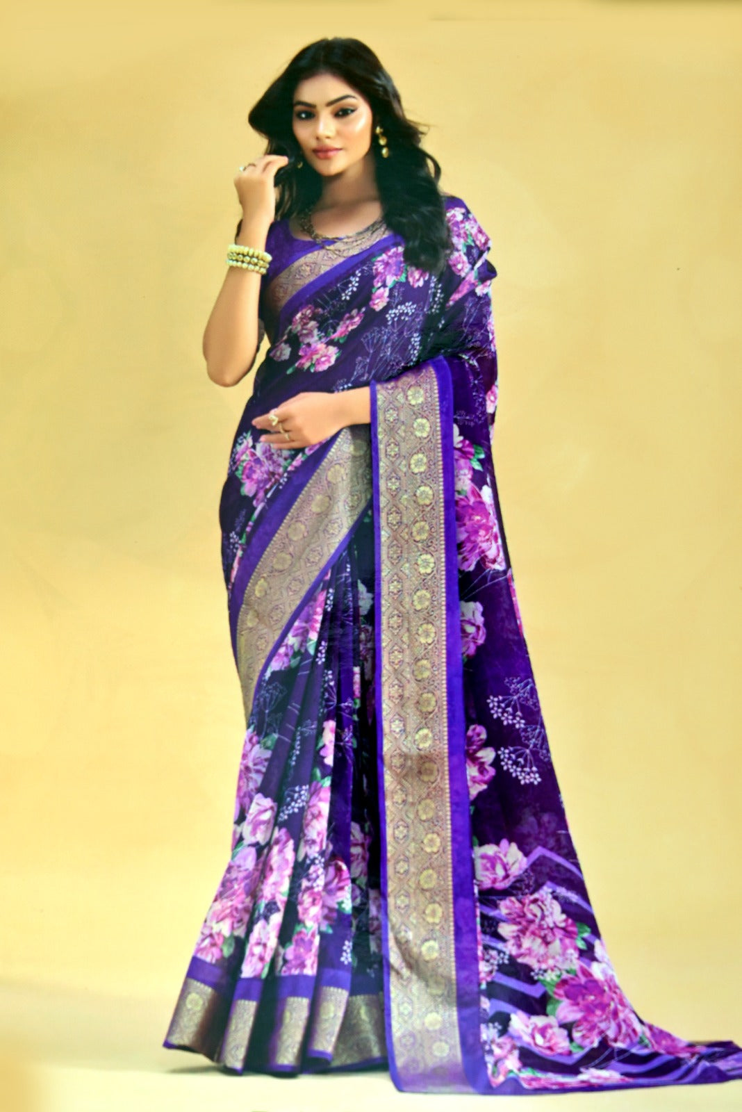 Vibrant Purple Floral Georgette Saree with Gold Border