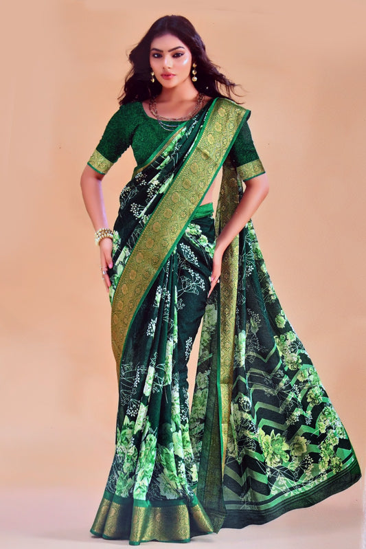 Elegant Green Floral Georgette Saree with Rich Gold Border