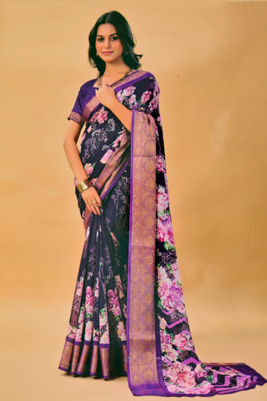 Royal Purple Floral Georgette Saree with Gold Zari Border