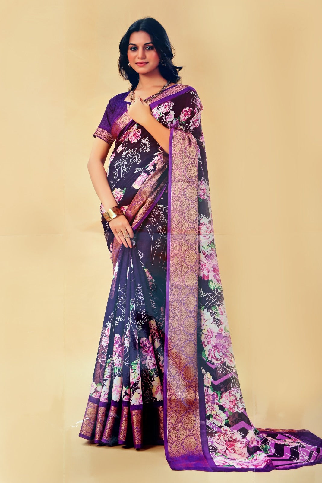 Elegant Purple Floral Saree with Gold Zari Border