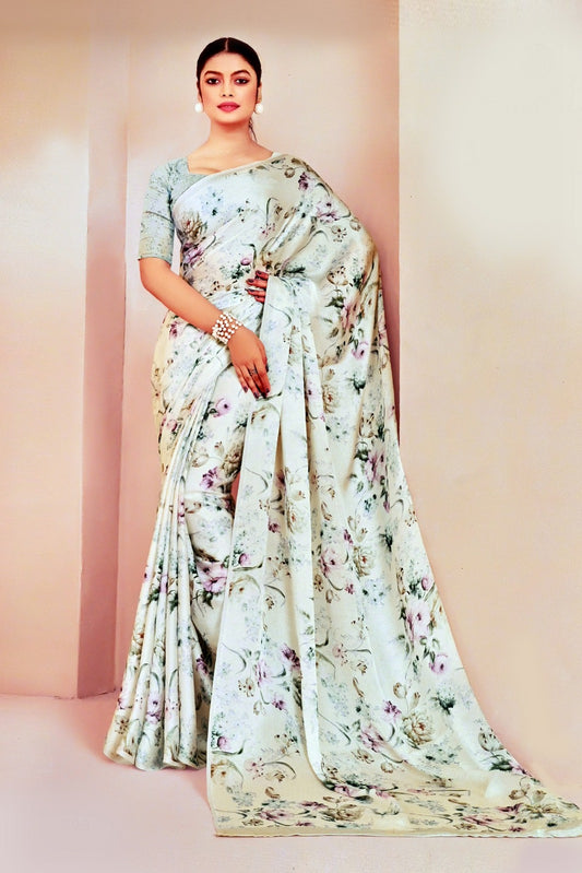 Soft Cream Floral Saree with Pastel Pink & Green Accents